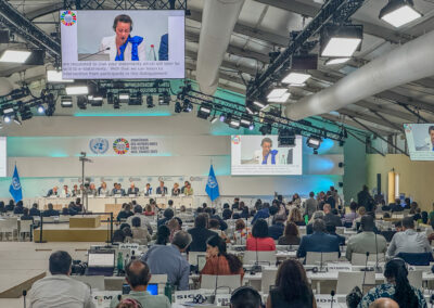 Blick auf eine Paneldiskussion während der Konferenz. Auf der Bühne sitzen nebeneinander mehrere Menschen mit Mikrofon, vor der Bühne sitzen Gäste an Tischen.