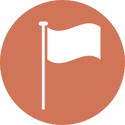 Ein weißes Flaggensymbol an einer vertikalen Stange, nach rechts wehend, zentriert in einem kreisförmigen, gedämpften orangefarbenen Hintergrund.