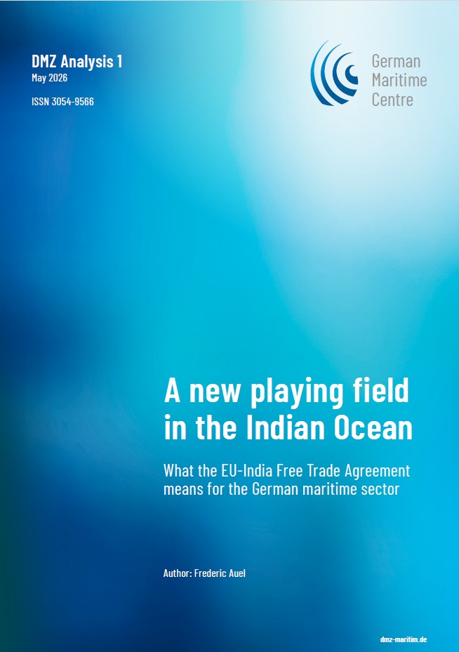 Cover of a report titled A new playing field in the Indian Ocean by Frederic Auel, discussing the EU-India Free Trade Agreement’s impact on the German maritime sector. It features the German Maritime Centre logo on a blue background.