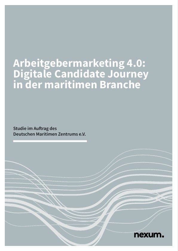 Cover_Studie_Digitale_Candidate_Journey Titelseite eines Berichts mit dem Titel „Arbeitgebermarketing 4.0: Digitale Candidate Journey in der maritimen Branche“ mit abstrakten Wellengrafiken und dem nexum-Logo unten rechts.