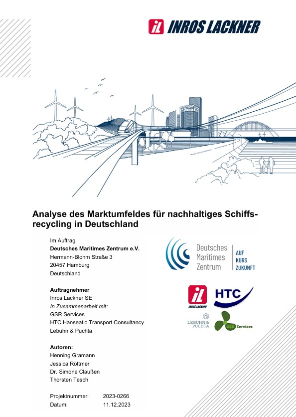 Cover_Studie_Nachhaltiges_Schiffsrecycling Titelblatt des Berichts mit den Logos von INROS LACKNER, dem Deutschen Maritimen Zentrum und HTC, einer Illustration einer Stadtansicht sowie einem Text über eine Marktanalyse zum nachhaltigen Schiffsrecycling in Deutschland.