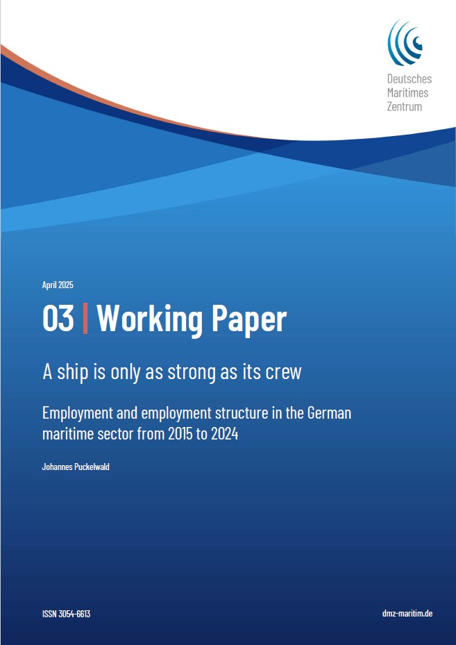 Cover_Working_Paper_03_EN Cover page of a working paper titled A ship is only as strong as its crew, about employment in the German maritime sector from 2015 to 2024, with blue wave graphics and the Deutsches Maritimes Zentrum logo.