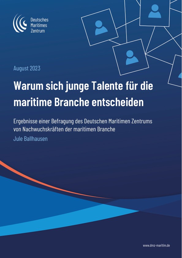 Titelseite eines Berichts mit dem Titel „Warum sich junge Talente für die maritime Branche entscheiden“, mit dem Logo des Deutschen Maritimen Zentrums. Der Hintergrund ist blau, mit Netzwerk-Symbolen und geschwungenen orangefarbenen und blauen Linien am unteren Rand.
