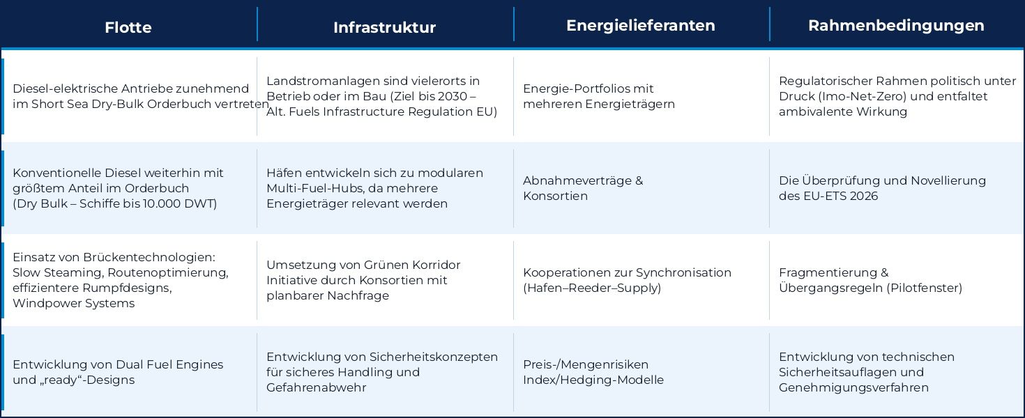 Eine Tabelle mit vier Spalten mit den Überschriften: Flotte, Infrastruktur, Energielieferanten, Rahmenbedingungen. In jeder Spalte sind Stichpunkte auf Deutsch zu den Themen Schifffahrtstechnologien, Infrastruktur, Energielieferanten und Vorschriften aufgeführt.