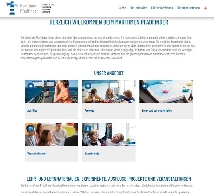 Screenshot der Startseite der Website der Maritimer Pfadfinder mit einer Navigationsleiste, einem Einführungstext und fünf nach Kategorien geordneten Dienstleistungskarten für maritime Aktivitäten und Lernmaterialien.